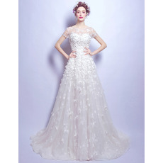 Custom Modern Sweep Train Organza Applique Bridal Wedding Dress with Short Sleeves