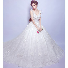 Romantic V-Neck Sleeveless Chapel Train Lace Bridal Wedding Dress