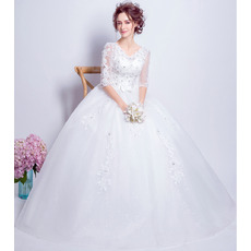 Romantic Ball Gown Floor Length Wedding Dress with Half Sleeves
