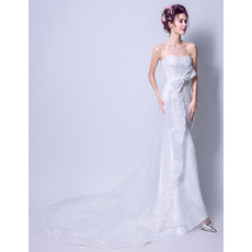 Custom Elegant Sheath Sweetheart Sleeveless Sweep Train Satin Wedding Dress