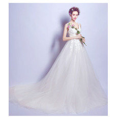 Elegant V-Neck Court Train Satin Bridal Wedding Dress