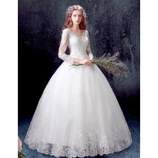 Custom Classic Ball Gown V-Neck Floor Length Wedding Dress with Long Sleeves