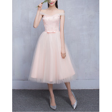 Elegant Off-the-shoulder Knee Length Satin Tulle Bridesmaid Wedding Dress