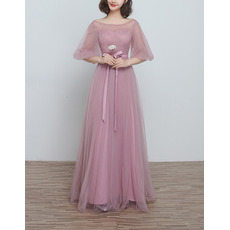 Inexpensive Long Satin Tulle Bridesmaid Wedding Dress with Short Sleeves