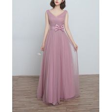 New V-Neck Long Satin Tulle Bridesmaid Wedding Dress