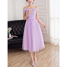 Elegant Off-the-shoulder Tea Length Lace Tulle Bridesmaid Dress