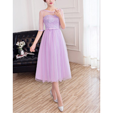 Empire Waist Tea Length Lace Tulle Bridesmaid Dress with Half Sleeves