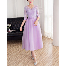 Elegant V-Neck Tea Length Bridesmaid Dress with Half Lace Sleeves