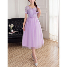 Simple Tea Length Lace Bridesmaid Dress with Short Sleeves