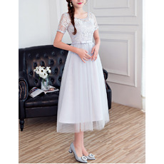 Romantic Tea Length Bridesmaid Dress with Short Sleeves