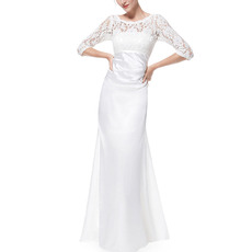 Modest Designer Full Length Satin Formal Mother Dress with 3/4 Long Lace Sleeves