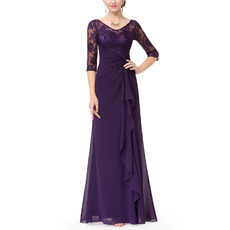 Elegant Long Purple Chiffon Formal Mother Dress with Half Lace Sleeves & Ruffle