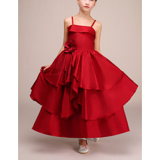 Stunning Spaghetti Straps Ankle Length Red Satin Flower Girl Dress