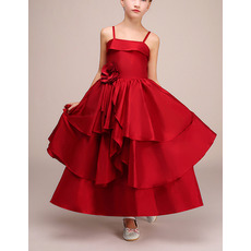 Stunning Spaghetti Straps Ankle Length Red Satin Flower Girl Dress