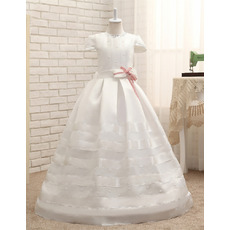 Adorable Floor Length Satin Flower Girl Dress with Cap Sleeves