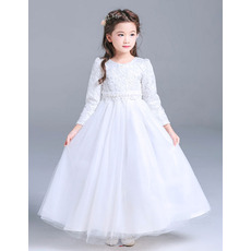 Inexpensive Girls Lovely Floor Length First Communion Dress with Long Sleeves