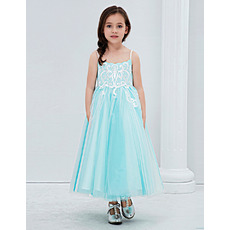 Little Girls Pretty Tea Length Embroidery Flower Girl Dress with Spaghetti Straps