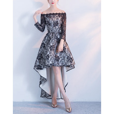 Off-the-shoulder High-Low Lace Formal Cocktail Dress with Long Sleeves