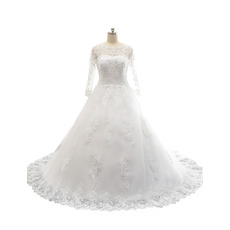 Classic A-Line Court Train Satin Tulle Plus Size Wedding Dress with Long Sleeves