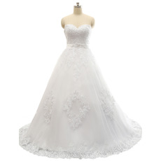 Modern A-Line Sweetheart Sweep Train Satin Tulle Plus Size Wedding Dress