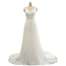 Custom V-Neck Sweep Train Plus Size Chiffon Wedding Dress with Straps