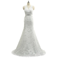 Elegant Sheath V-Neck Sleeveless Sweep Train Lace Wedding Dress