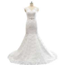 New Style Trumpet V-Neck Sweep Train Lace Wedding Dress