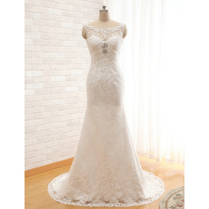 Modest Sheath Sleeveless Sweep Train Satin Organza Wedding Dress