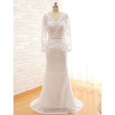 V-Neck Sweep Train Plus Size Wedding Dress with Long Sleeves