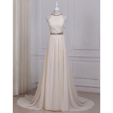 Modern Halter Sweep Train Chiffon Lace Champagne Wedding Dress