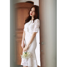 Designer Trumpet Short Sleeves Knee Length Lace Reception Wedding Dress