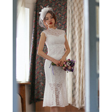 Designer Trumpet Sleeveless Tea Length Lace Reception Wedding Dress