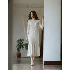 Designer Trumpet Tea Length Lace Reception Wedding Dress with Long Sleeves