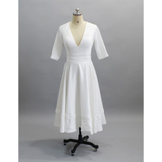 Designer V-Neck Tea Length Reception Wedding Dress with Half Sleeves