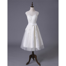 Modest A-Line Tea Length Reception Wedding Dress with Sashes