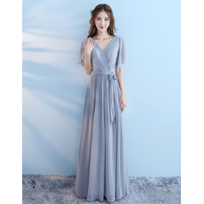 Custom Romantic V-Neck Short Sleeves Long Chiffon Bridesmaid Dress