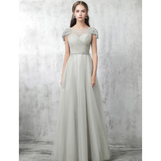 Inexpensive Cap Sleeves Floor Length Satin Tulle Formal Evening Dress