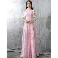 Elegant Mandarin Collar Cold Shoulder Long Lace Formal Evening Dress