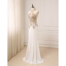 Affordable Sheath Halter Floor Length Chiffon Embroidery Formal Evening Dress