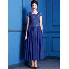 Custom Modest Tea Length Chiffon Lace Mother of the Bride Dress with Short Sleeves