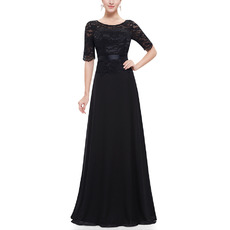 Inexpensive Elegant Long Lace Chiffon Black Mother of the Bride Dress with Short Sleeves