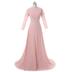 Women's Elegant A-Line Sweep Train Chiffon Formal Mother Dress with Long Sleeves