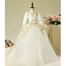 2022 Stunning Ball Gown Long Flower Girl Dress for Wedding Party with Long Sleeves