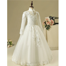 Custom Pretty Mandarin Collar Long Flower Girl Dress with Long Sleeves