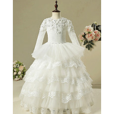 Inexpensive Stunning Layered Skirt Flower Girl Dress for Wedding Party with Long Sleeves