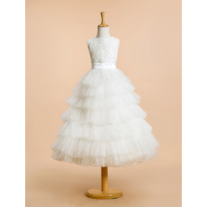 Custom Lovely Sleeveless Lace Organza Layered Skirt Flower Girl Paty Dress