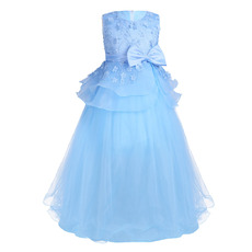 Custom Sleeveless Floor Length Applique Blue Little Girls Party Dress
