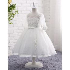 Girls Lovely Tea Length Organza Flower Girl Dress with 3/4 Long Sleeves