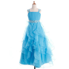 Little Girls Pretty Floor Length Ruffle Skirt Flower Girl Dress with Straps