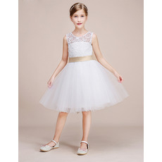 Girls Pretty Knee Length Lace Tulle Flower Girl Dress with Sashes